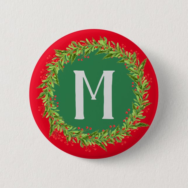 Monogram Red and Green Wreath Christmas Button (Front)