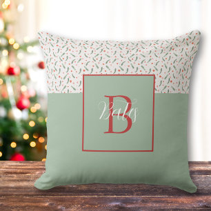 Monogram Red and Light Green Holiday Pattern Throw Pillow