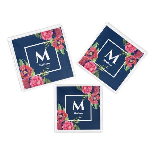 Monogram Red and Pink Flowers Dark Navy Blue Acrylic Tray