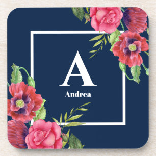 Monogram Red and Pink Flowers Dark Navy Blue Beverage Coaster