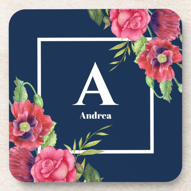 Monogram Red and Pink Flowers Dark Navy Blue Beverage Coaster (Front)