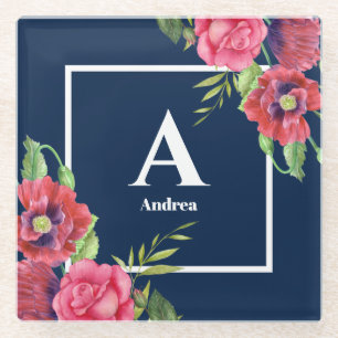 Monogram Red and Pink Flowers Dark Navy Blue Glass Coaster
