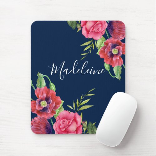 Monogram Red and Pink Flowers Dark Navy Blue Mouse Pad