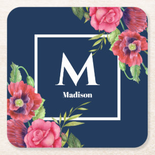 Monogram Red and Pink Flowers Dark Navy Blue Square Paper Coaster