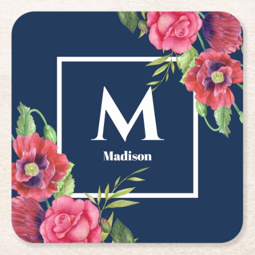 Monogram Red and Pink Flowers Dark Navy Blue Square Paper Coaster