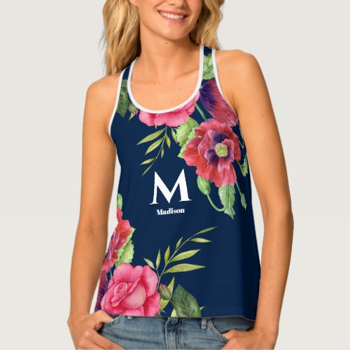 Monogram Red and Pink Flowers Dark Navy Blue Tank Top