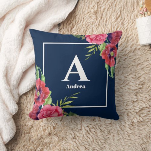 Monogram Red and Pink Flowers Dark Navy Blue Throw Pillow