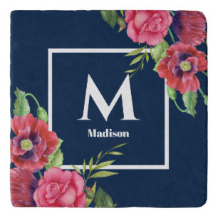 Monogram Red and Pink Flowers Dark Navy Blue Trivet