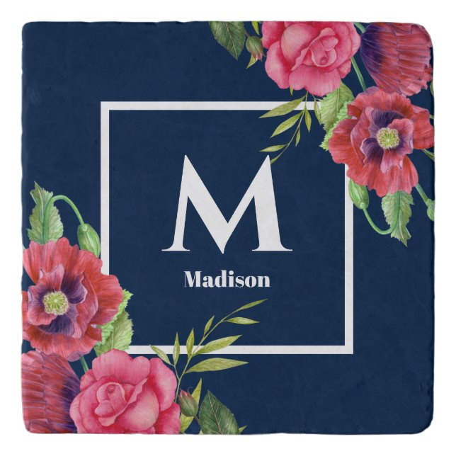 Monogram Red and Pink Flowers Dark Navy Blue Trivet (Front)