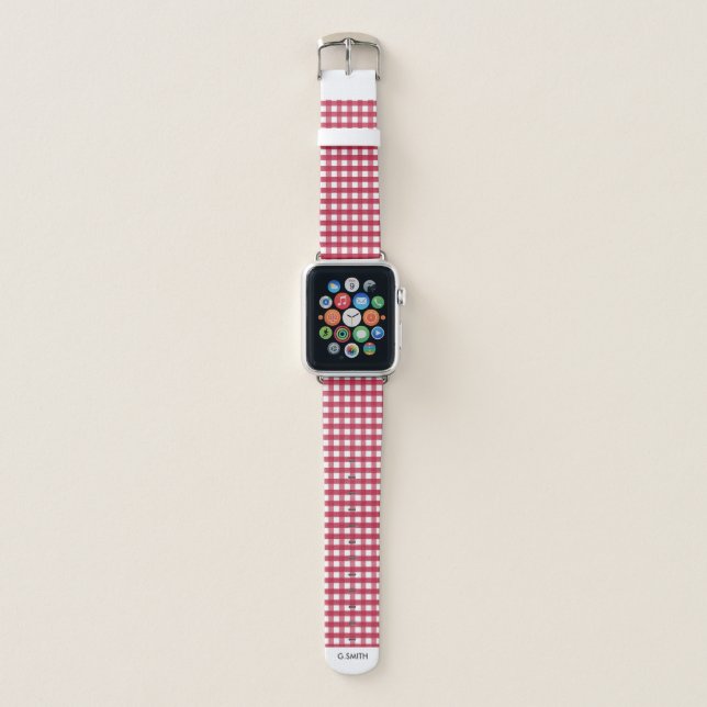 Monogram. Red and White Checker Pattern. Apple Watch Band (Front)