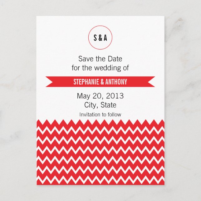 Monogram Red and White Chevron Pattern Wedding Announcement Postcard (Front)