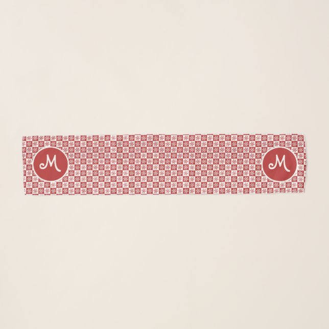 Monogram Red and White Snowflake Pattern Custom Sc Scarf (Front (Horizontal))