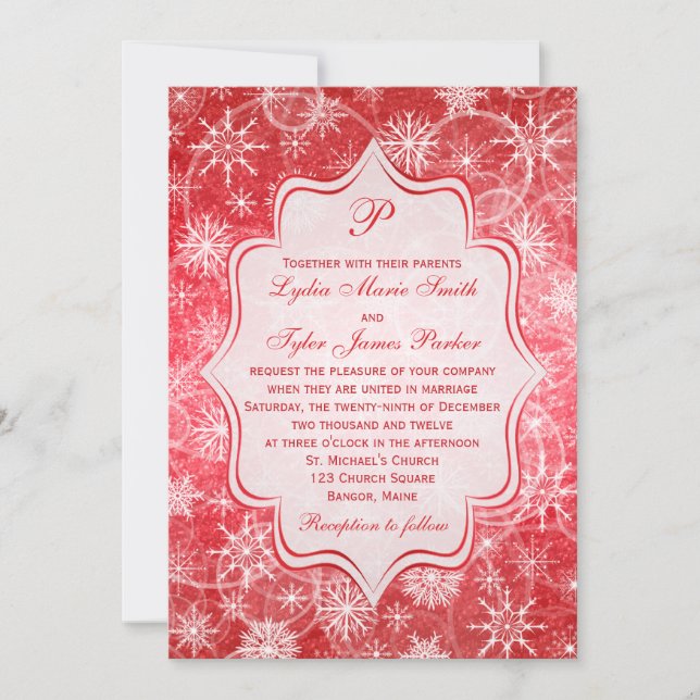 Monogram Red and White Snowflakes Wedding Invite 2 (Front)