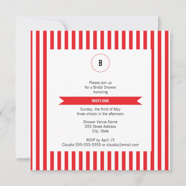 Monogram Red and White Stripes Pattern Bridal Invitation (Front)