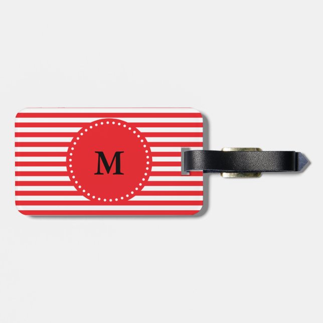 Monogram Red and White Stripes Pattern Luggage Tag (Back Horizontal)