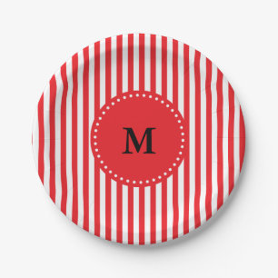 Monogram Red and White Stripes Pattern Paper Plates