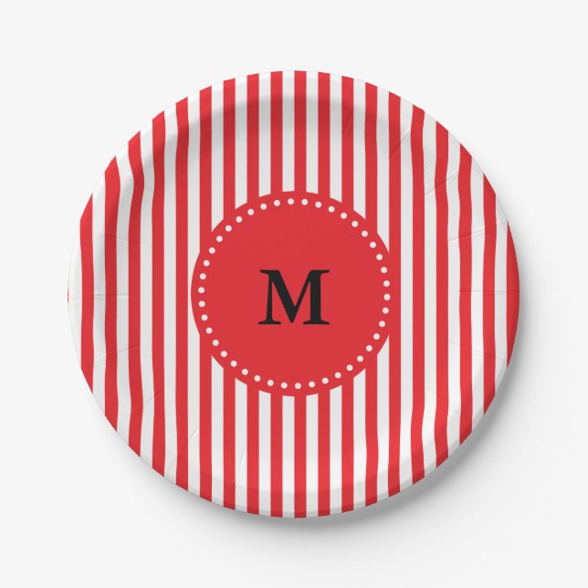 Monogram Red and White Stripes Pattern Paper Plates (Front)