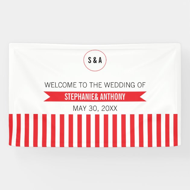 Monogram Red And White Stripes Pattern Wedding Banner