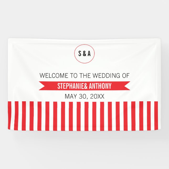 Monogram Red and White Stripes Pattern Wedding Banner (Horizontal)
