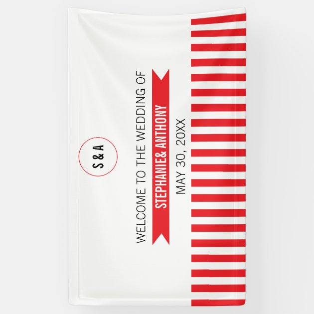 Monogram Red And White Stripes Pattern Wedding Banner