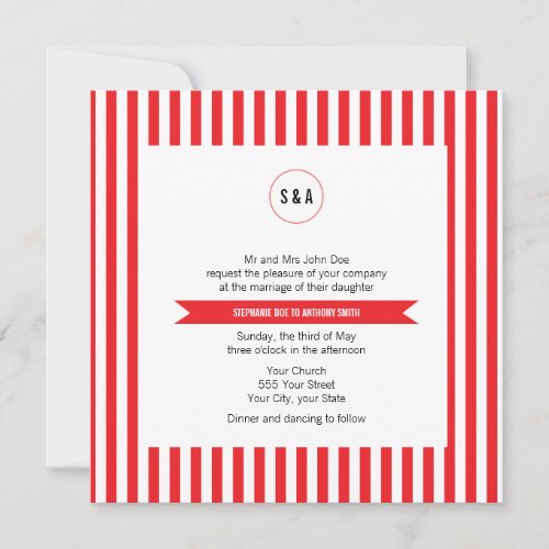 Monogram Red and White Stripes Pattern Wedding Personalized Announcement