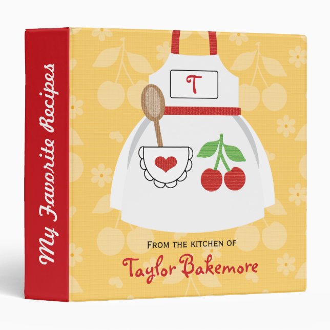 Monogram Red and Yellow Cherry Apron Recipe Binder (Front/Spine)