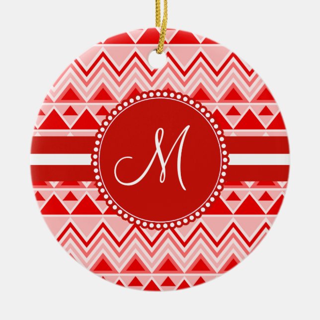 Monogram Red Aztec Andes Tribal Mountains Triangle Ceramic Ornament (Front)