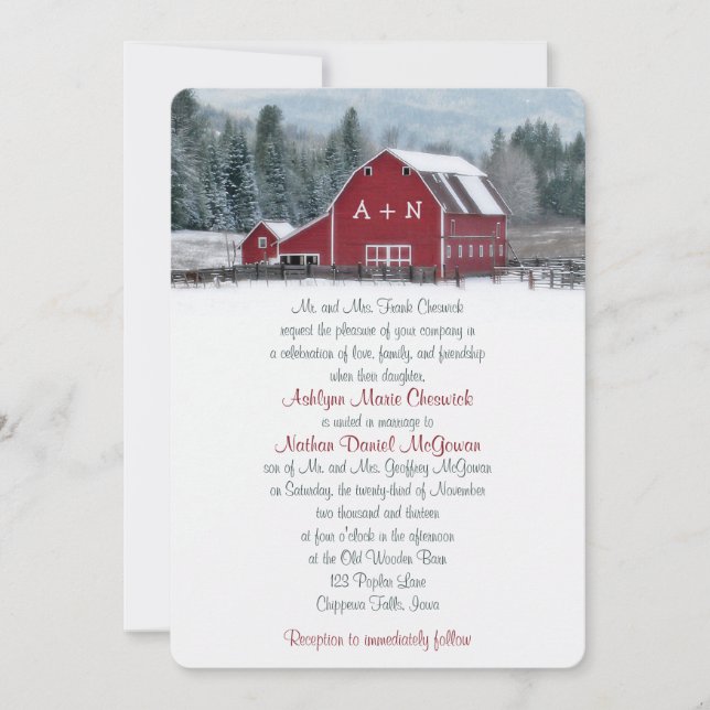 Monogram Red Barn in Winter Wedding Invitation 3 (Front)