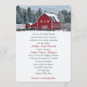 Monogram Red Barn in Winter Wedding Invitation 3
