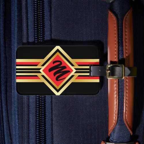 Monogram Red Black and Faux Gold with IF LOST info Luggage Tag