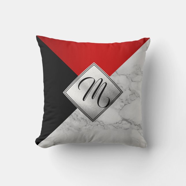 Monogram Red, Black and Gray Marble Throw Pillow (Front)