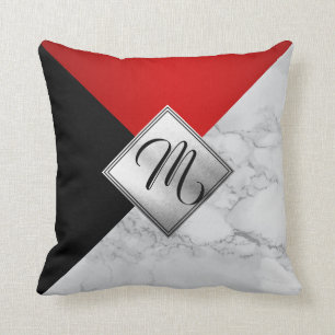 Monogram Red, Black and Gray Marble Throw Pillow
