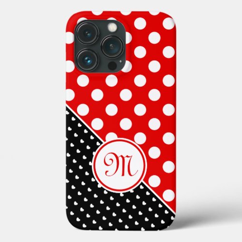 Monogram _ Red Black And White Polka Dot Pattern iPhone 13 Pro Case