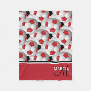 Monogram Red Black and White Soccer Ball Pattern Fleece Blanket