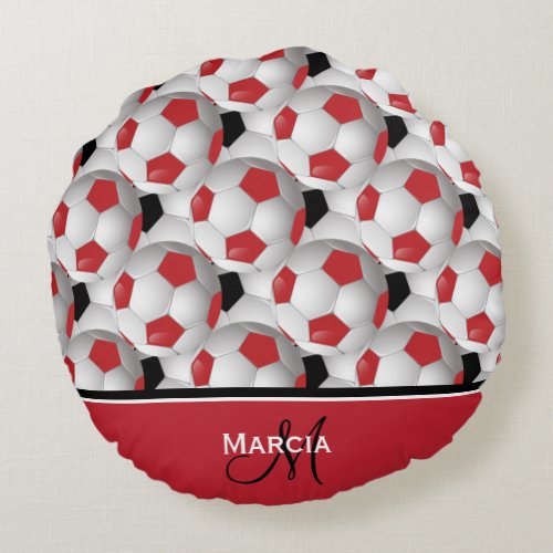 Monogram Red Black and White Soccer Ball Pattern Round Pillow