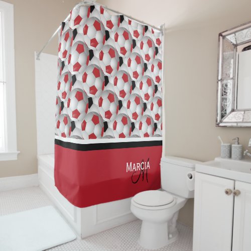 Monogram Red Black and White Soccer Ball Pattern Shower Curtain