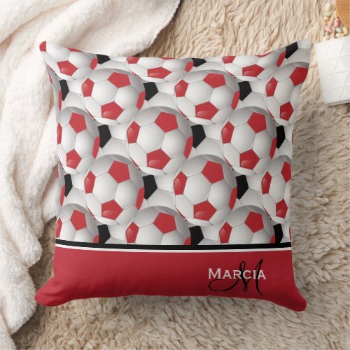 Monogram Red Black and White Soccer Ball Pattern Throw Pillow