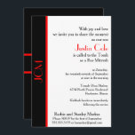 Monogram Red Black Bar Mitzvah on White Invitation<br><div class="desc">Red and black monogram Bar Mitzvah invitation with RSVP information. Personalize with Bar Mitzvah name,  address,  and date information and RSVP using the easy templates. Font color,  font style,  and font size are customizable. Classic and chic,  the perfect Bar Mitzvah invitation.</div>