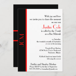 Monogram Red Black Bar Mitzvah on White Invitation