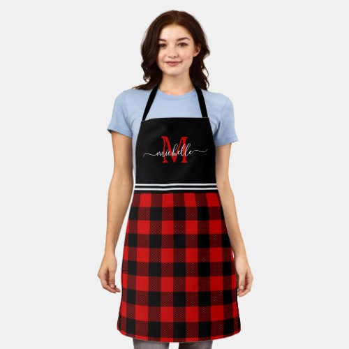 Monogram Red Black Buffalo Plaid Apron