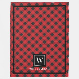 Monogram Red Black Buffalo Plaid Fleece Blanket