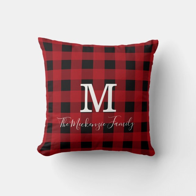 Monogram Red Black Buffalo Plaid Rustic Cabin Throw Pillow (Front)