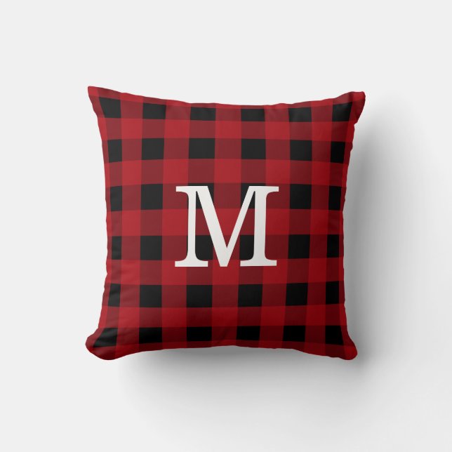 Monogram Red Black Buffalo Plaid Rustic Cabin Throw Pillow (Front)
