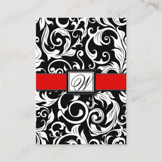 Monogram Red Black Damask Wedding Reception Cards (Front)