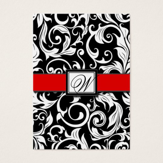 Monogram Red Black Damask Wedding Reception Cards