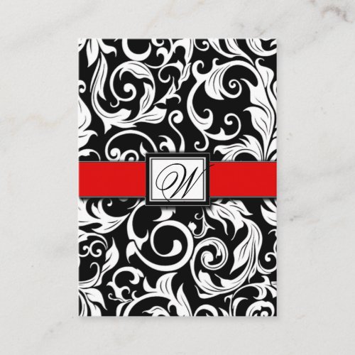 Monogram Red Black Damask Wedding Reception Cards Business Card