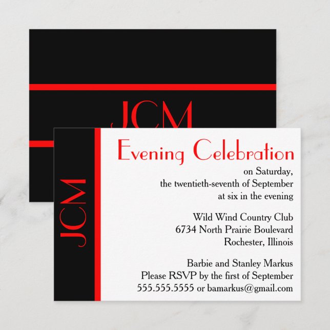 Monogram Red Black Evening Celebration RSVP White Invitation (Front/Back)
