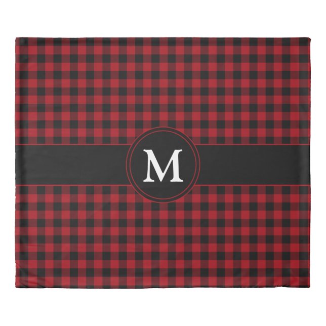 Monogram Red & Black Gingham Plaid Checked Pattern Duvet Cover (Front)
