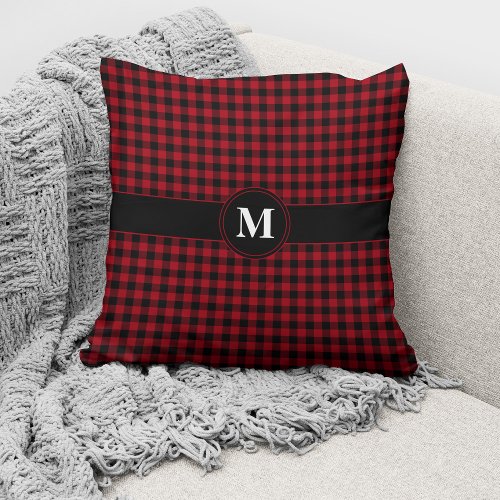 Monogram Red  Black Gingham Plaid Checks Pattern Throw Pillow