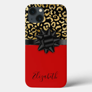 Monogram Red Black Gold Leopard Print Bow Trendy iPhone 13 Case